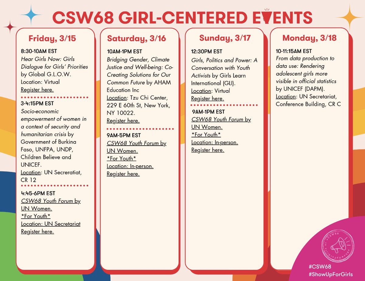 Do you or your organization support adolescent girls's rights, advocacy, and leadership? #ShowUpForGirls this #CSW by attending events that center the rights, needs, and power of girls!

See the full calendar 🗓️ of #CSW68 girl-centered events here 👇
bit.ly/3P6Nu12