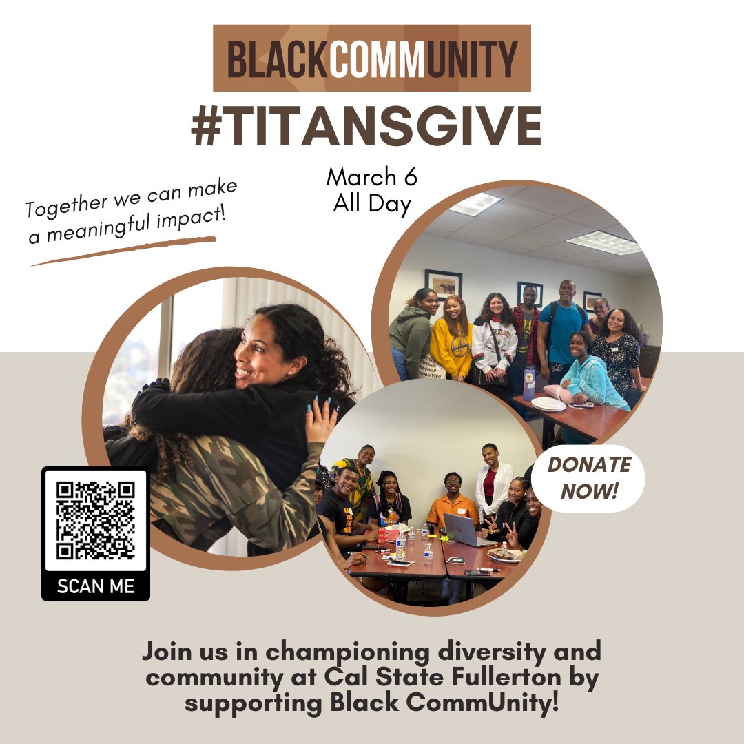 Today is #TitansGive! Donate now to spread the word and empower Black students at CSUF. Matching gifts are happening at 6 pm and 8 pm PST. Join us in supporting scholarships, programs, and crucial services for our community. Let’s make a difference together! Link in bio!