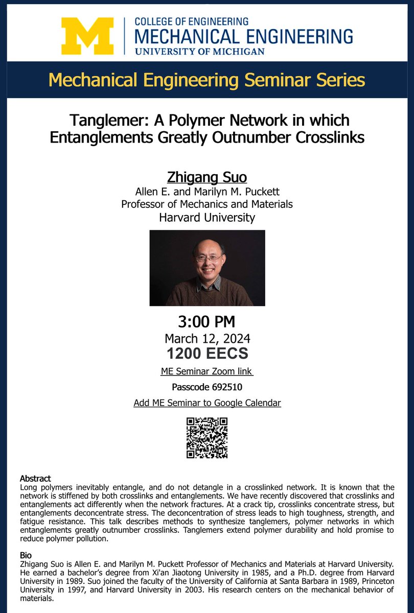 Zhigang Suo (@zhigangsuo) on Twitter photo I'll be giving a seminar at the University of Michigan <a href="/umichme/">University of Michigan Mechanical Engineering</a>.
Time: 3:00 PM, Tuesday, 12 March 2024
Zoom link r20.rs6.net/tn.jsp?f=0016y…
Passcode 692510 I'll be giving a seminar at the University of Michigan <a href="/umichme/">University of Michigan Mechanical Engineering</a>.
Time: 3:00 PM, Tuesday, 12 March 2024
Zoom link r20.rs6.net/tn.jsp?f=0016y…
Passcode 692510
