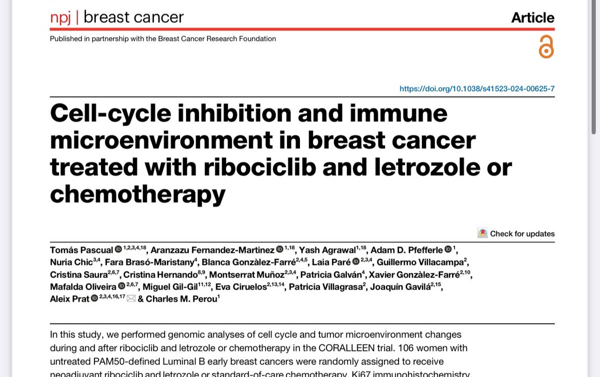 Our new article is out in @Nature_NPJ!! led by @TomasPascualMD Cell-cycle inhibition and immune microenvironment in breast cancer treated with ribociclib and letrozole or chemotherapy Both treatment strategies decreased proliferation, the depth and the patterns over time…