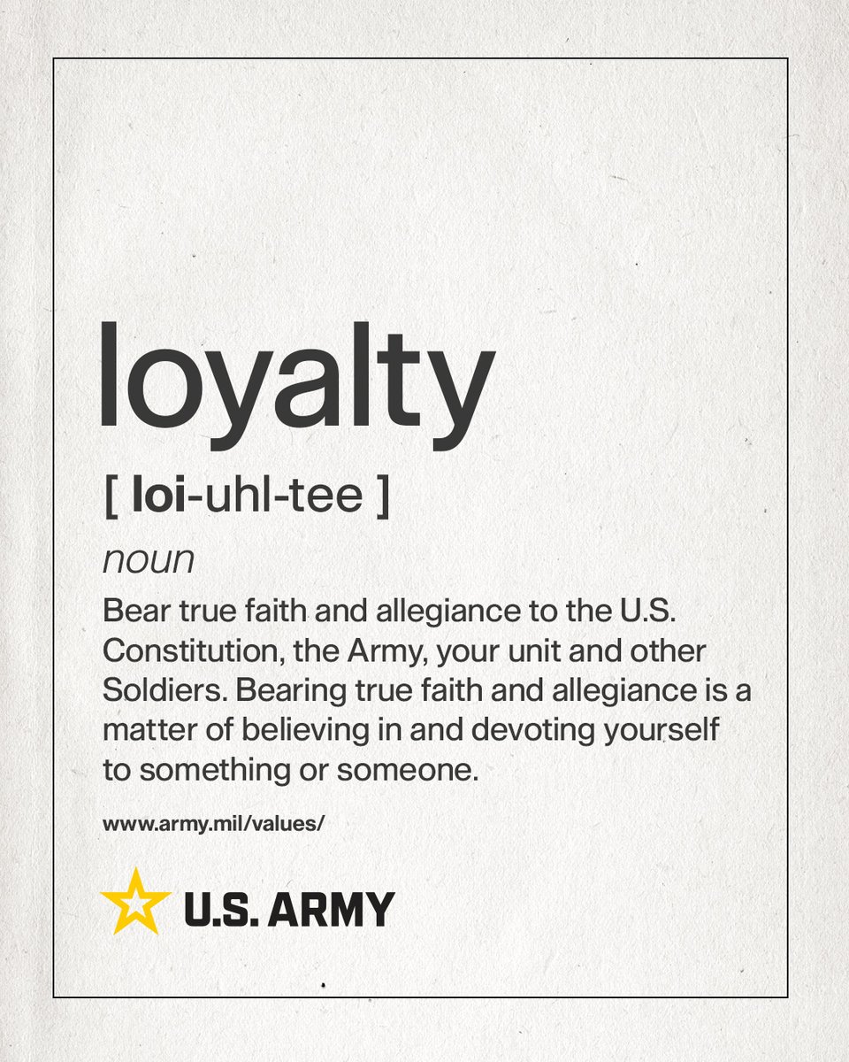 USArmy's tweet image. #WednesdayWisdom: Stay faithful to the U.S. Constitution, #USArmy, unit and fellow Soldiers.

Loyalty is about belief and dedication to something or someone.

🇺🇸 Learn more about #ArmyValues at army.mil/values
