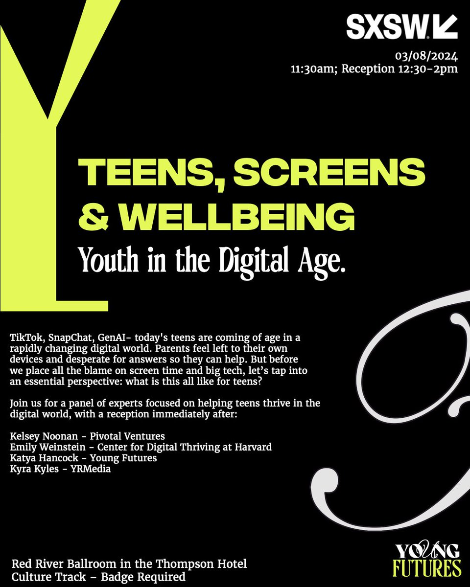 Headed to #SXSW2024? Don't miss 'Teens, Screens &amp; Wellbeing: Youth in the Digital Age' on March 8 &amp; learn about <a href="/TheYoungFutures/">YoungFutures</a> new $1 million open funding call <a href="/sxsw/">SXSW</a> bit.ly/yfutures