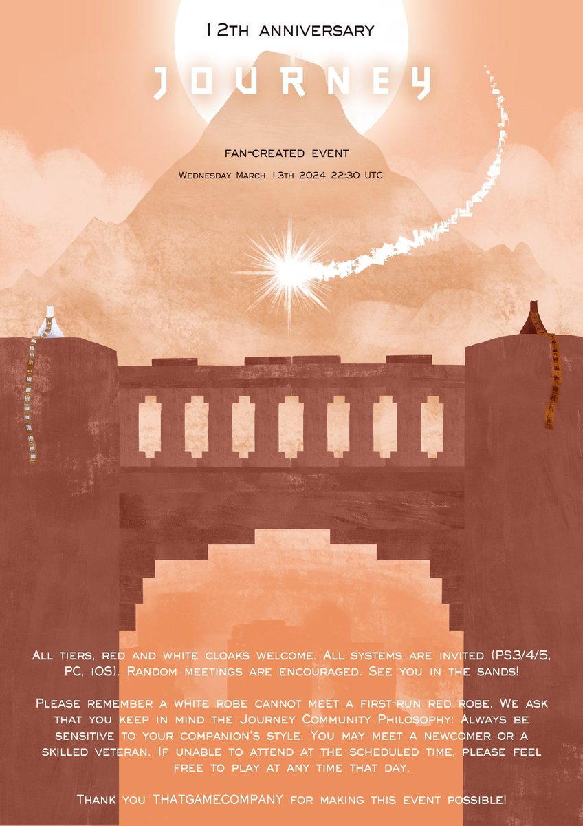 On March 13th, we honor 12 years of Journey. <a href="/oceanicgirl16/">J</a> invites you to cloak yourself and join both veteran and new travelers in this special community event.

Glide through ancient sands, guided by the whispers of the wind, towards the secrets held at the peak 🧣 ✨