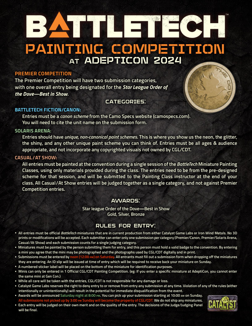 catalystgamelab's tweet image. Just a reminder, we are running our first ever painting competition at Adepticon! Entry requirements and rules are below!

Whip out those paint brushes! We can't wait to see some awesome schemes!

#battletech #adepticon #chicago #competition #minipainting