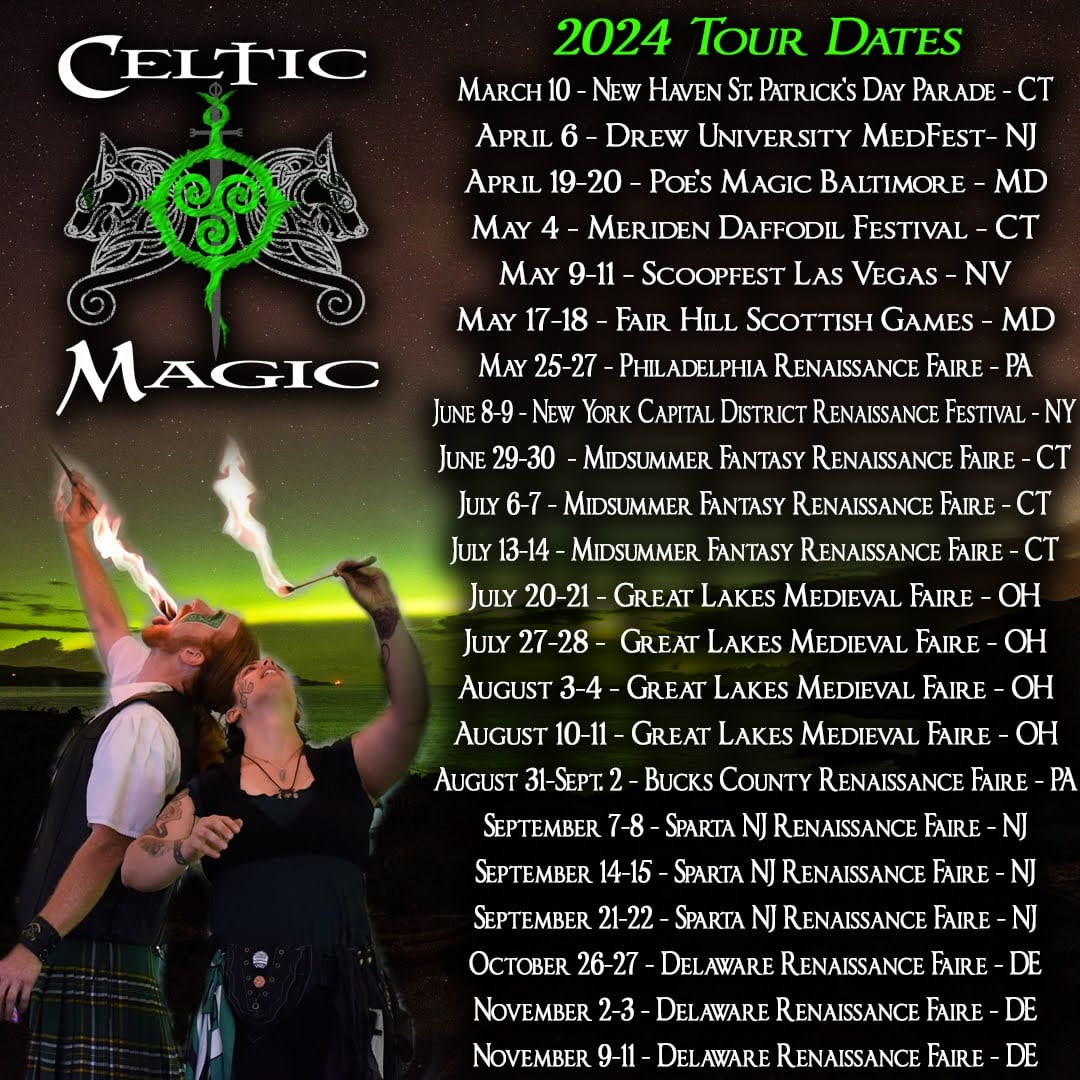 DanielGreenWolf's tweet image. We're all over the place in 2024. Y'all should come see us and say hello! #PerformerLife #Magicians #MagicShow #FireEater #CelticMagic