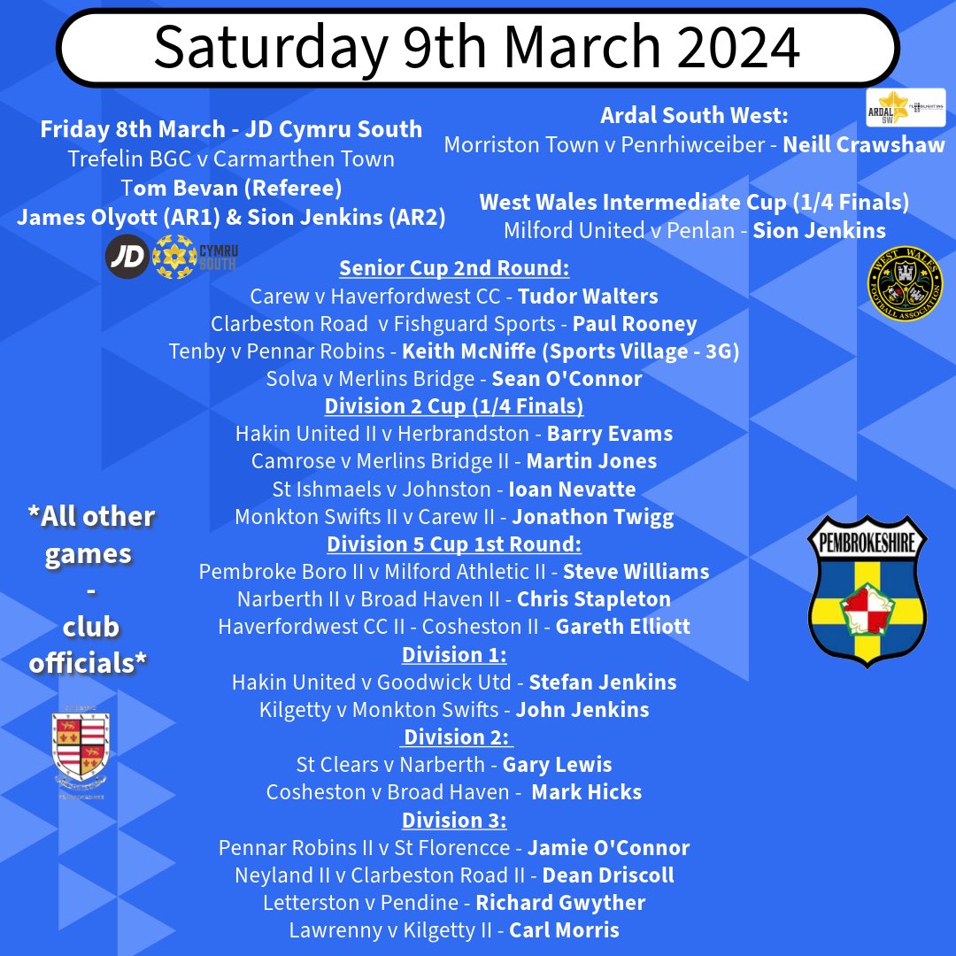Pembrokeshire Referees Society (@pembsrefs) on Twitter photo A bumper weekend in store πͺ
Neill in Ardal action at <a href="/Morriston_Town/">Morriston Town AFC</a> and Sion in <a href="/MilfordUnitedFC/">Milford United FC</a> who welcome <a href="/PenlanAFC/">Penlan AFC</a>.
Lots of cup fixtures in store across three divisions. Who will progress to the semi finals in Division 2?
<a href="/GoodwickUtd/">Goodwick United AFC</a> host <a href="/MightyVikings/">Hakin United</a> in Div 1 π A bumper weekend in store πͺ
Neill in Ardal action at <a href="/Morriston_Town/">Morriston Town AFC</a> and Sion in <a href="/MilfordUnitedFC/">Milford United FC</a> who welcome <a href="/PenlanAFC/">Penlan AFC</a>.
Lots of cup fixtures in store across three divisions. Who will progress to the semi finals in Division 2?
<a href="/GoodwickUtd/">Goodwick United AFC</a> host <a href="/MightyVikings/">Hakin United</a> in Div 1 π