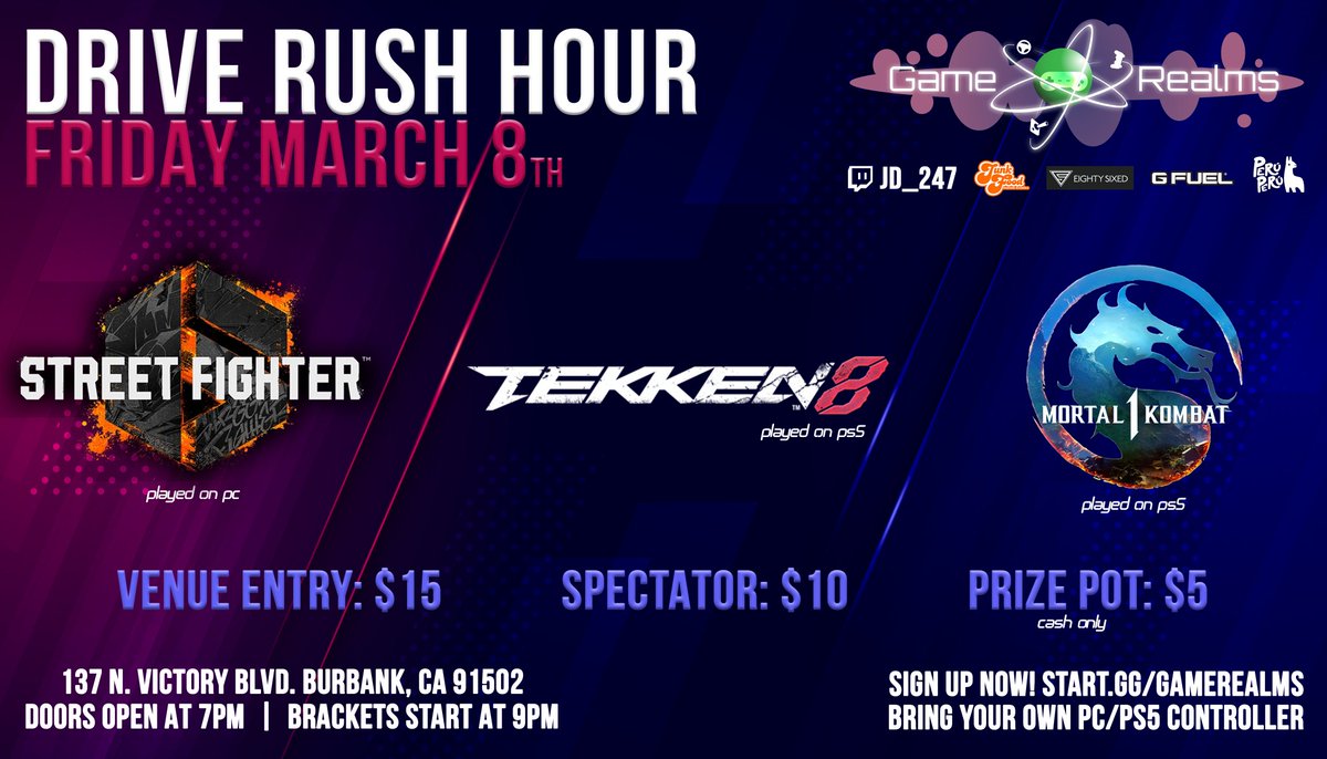 Game_Realms's tweet photo. This Friday night, March 8th at 9 PM:
#DriveRushHour Fighting #gaming local #tournament at Game Realms in Burbank SoCal!
#Twitch Stream : https://t.co/z8aQYXTq3Y
Bracket & fees info : https://t.co/yydF3YhvYu
#Tekken #Tekken8 #StreetFighter6 #Mortalkombat #MortalKombat1 https://t.co/oguuE1sjnY