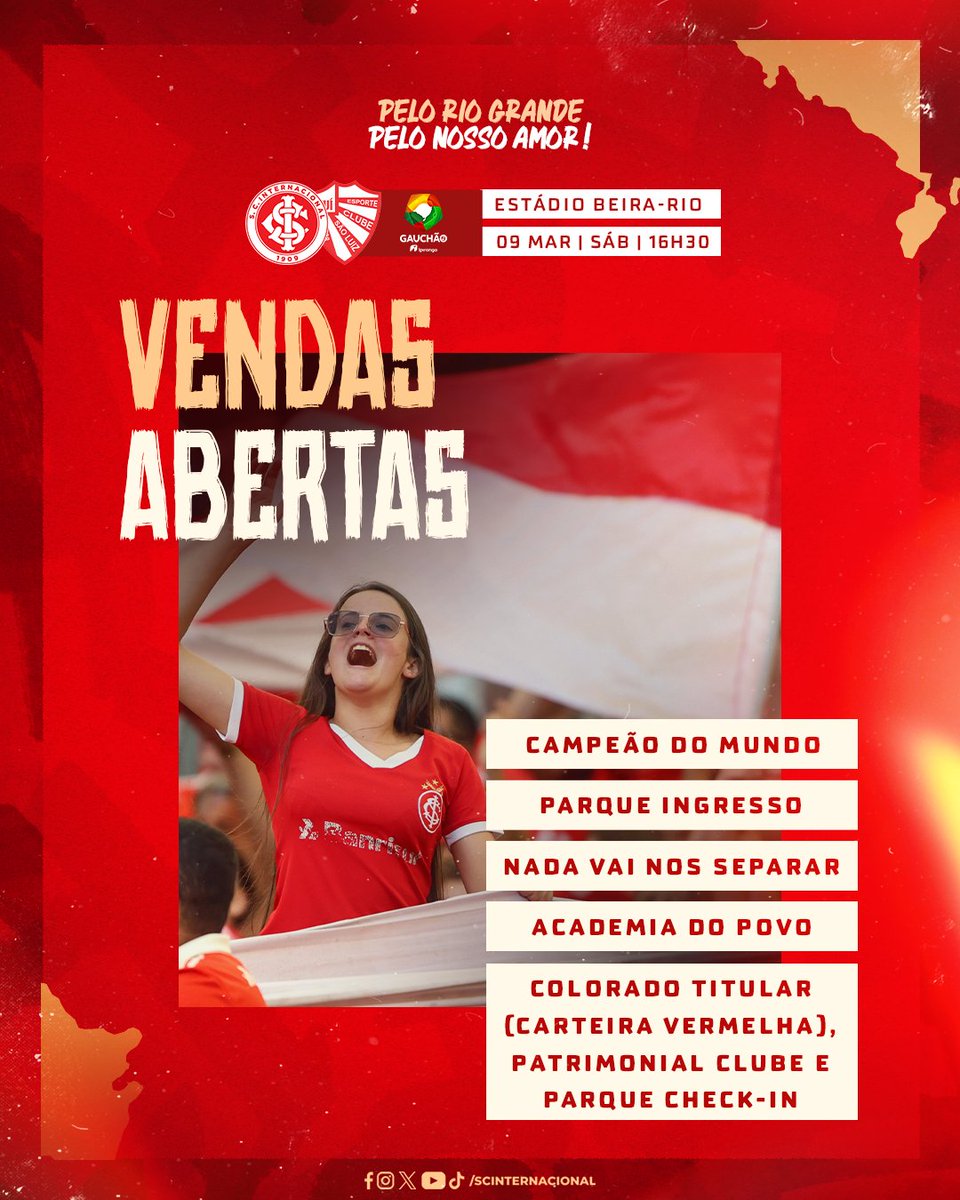 SCInternacional's tweet photo. 𝐕𝐀𝐌𝐎𝐒 𝐋𝐎𝐓𝐀𝐑 𝐎 𝐆𝐈𝐆𝐀𝐍𝐓𝐄! 🏟

Sábado de jogo eliminatório no Beira-Rio! E o #ClubedoPovo espera toda a sua torcida em busca da classificação às semifinais do Gauchão 2024! 🇦🇹

🔗 Ingressos à venda aos sócios(as) para o confronto com o São Luiz de Ijuí: https://t.co/k5TJgqeyCs 🎟