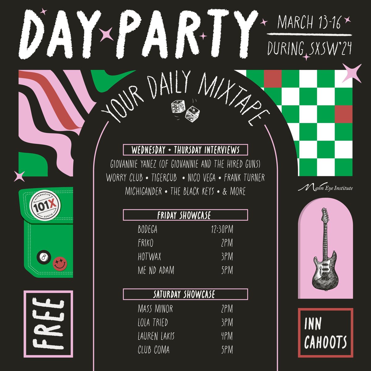 The @101x Day Party lineup has arrived! Expect performances from: BODEGA, Friko, HotWax, Me Nd Adam, Mass Minor, Lola Tried, Lauren Lakis, and Club Coma! All are welcome. Free. No Badge required. 🗓 Wed. 3/13 - Sat. 3/16  📍 Inn Cahoots (1221 E 6th St) #SXSW