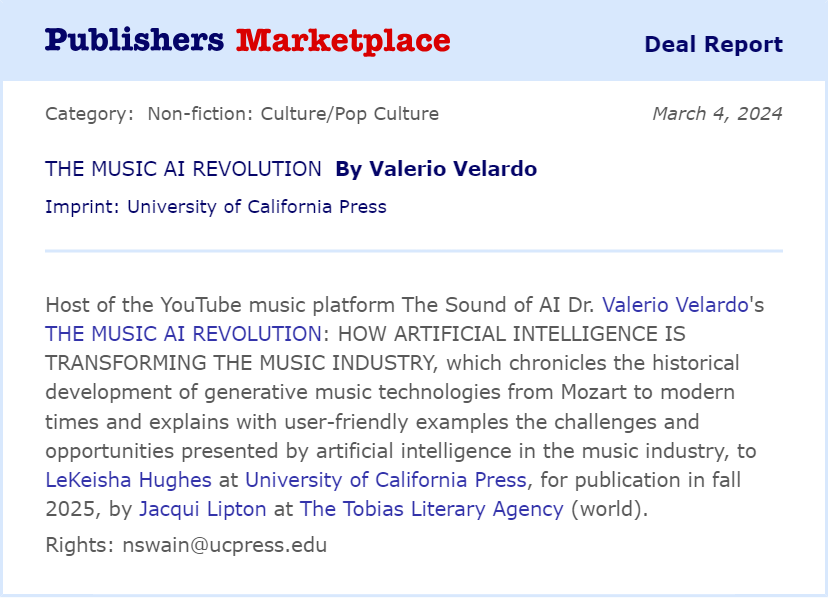 Congratulations to @musikalkemist on the deal for his much needed and eagerly awaited book on how AI is transforming the music industry! @ucpress @TheTobiasAgency