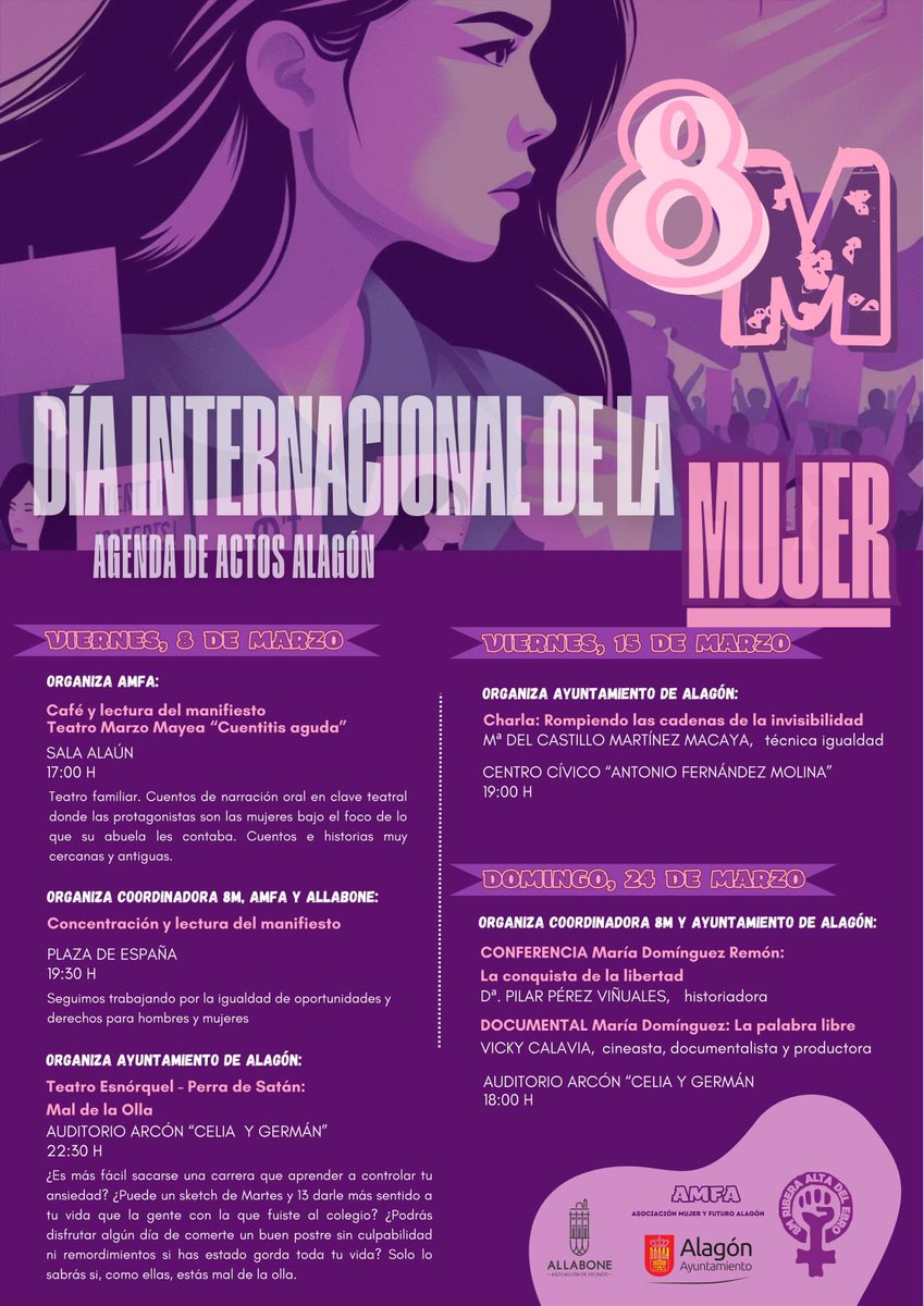 📣 Con motivo del Día Internacional de la Mujer, hemos preparado muchas actividades junto con Asociación AMFA, Allabone y Ayuntamiento de Alagón

🙌 Por nuestros derechos, seguimos aquí ‼️

¡Comparte, acude y difunde!

#AgendaFeminista #8MAlagón #8MRiberaAltaDelEbro