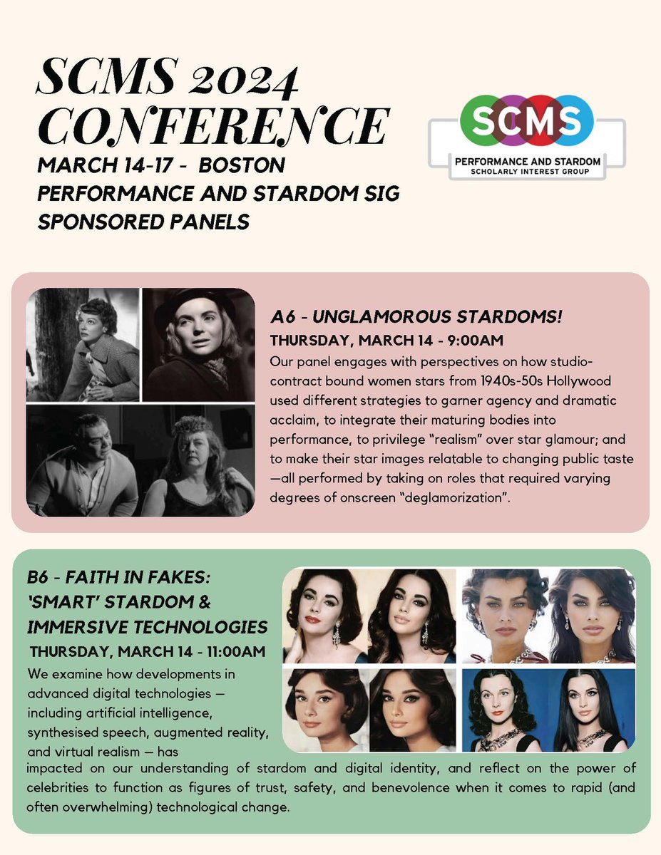 Really looking forward to SCMS next week, my first since 2018, and to the Performance & Stardom strand. On panel B6, I'll be talking about these digitally altered film star images + the links between AR beauty filters and classical Hollywood filtration effects.
