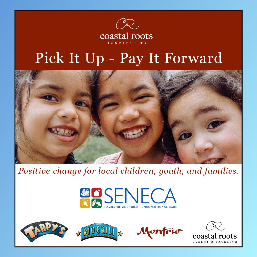 @senecacenco is excited to partner up again with Coastal Roots Hospitality for their #PickItUpPayItForward campaign. Throughout March & April, 10% of your take-out orders at Tarpy's Roadhouse, @Montrio_Bistro & @RioGrill will go directly to supporting #SenecaFOA's vital services!