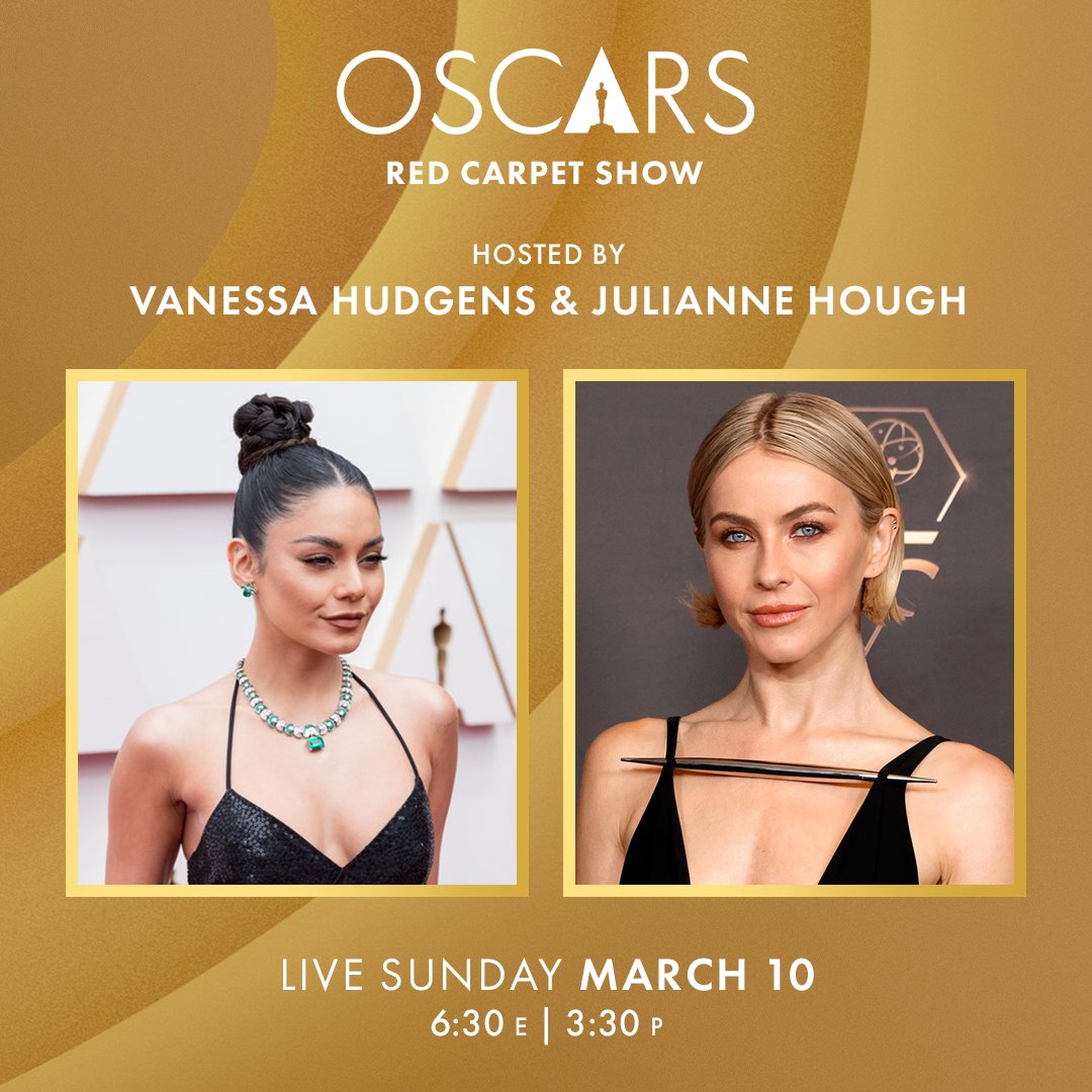 TheAcademy's tweet photo. Join Vanessa Hudgens and Julianne Hough for “The Oscars Red Carpet Show,” the official lead-in to the 96th Oscars.

Tune into ABC to watch the Oscars LIVE on Sunday, March 10th at a new earlier time, 7e/4p! https://t.co/gNXGVbkP6f