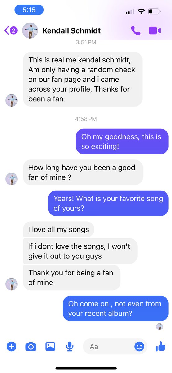 HakunaMessina's tweet photo. I am 99% sure I’m being catfished right now by someone pretending to be Kendall from Big Time Rush and honestly this is the funniest  and most exciting thing to happen to me this year. https://t.co/f6xuLK6B9A