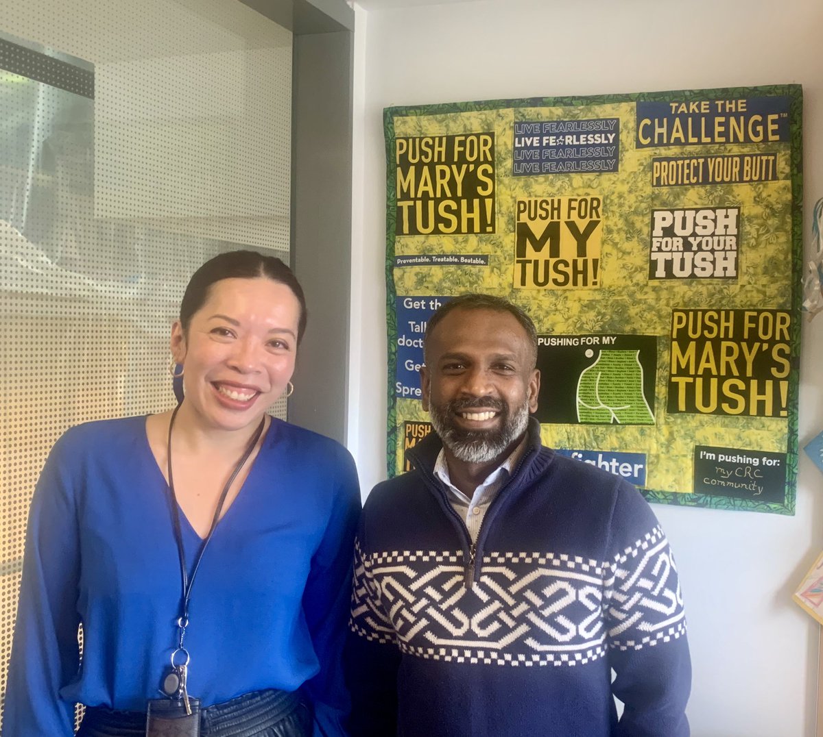 …And going with #DressInBlue for #ColorectalCancerAwareness. Lucky to have such great colleagues - David saw my blue on Monday and then promised to get his blue on Wednesday. Bonus my t-shirt quilt as backdrop and photo taken by the Dean @ldlynd 💙💙💙