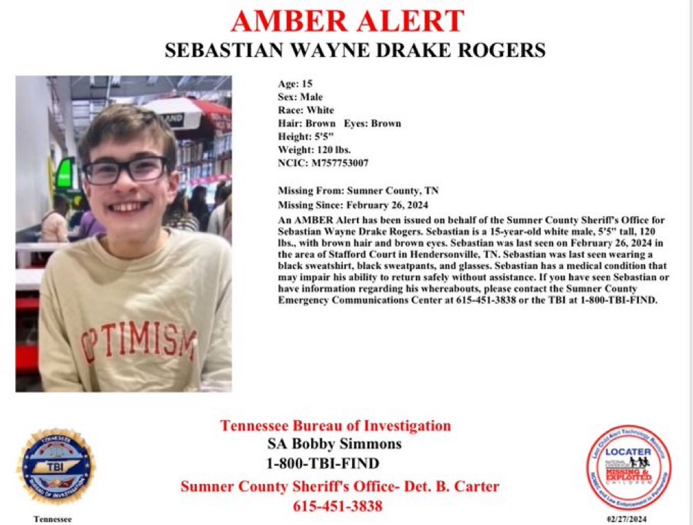 Can y’all out that way check your cameras? This young man is still missing. “We’re asking residents in Sumner County, especially around Beech High School and Long Hollow Pike, to check any space on their property where he could seek shelter.”