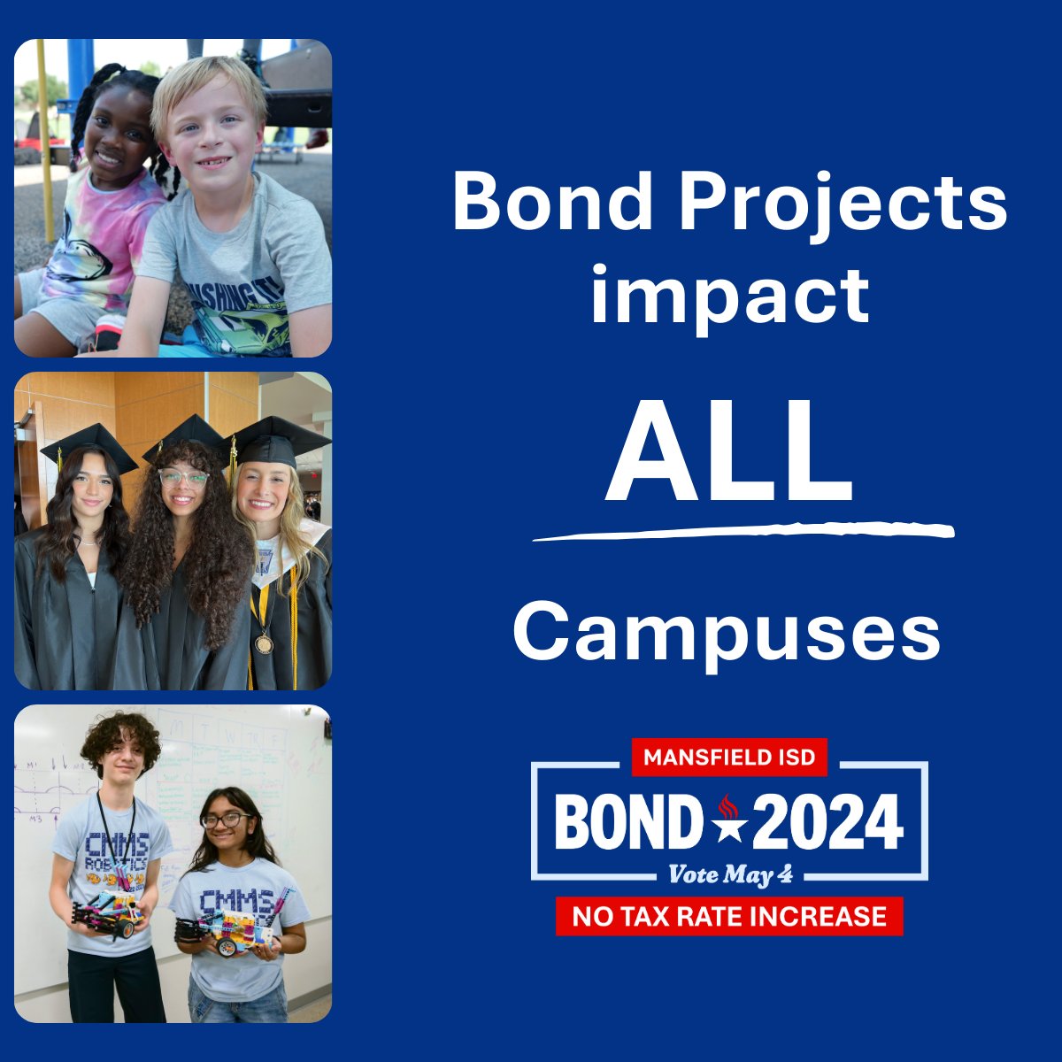The bond proposal includes projects at all Mansfield ISD campuses. See what’s proposed for your school here: mansfieldisdbond.com/proposed-proje…

Early Voting: April 22-30
Election Day: Saturday, May 4

Find out more at: mansfieldisdbond.com