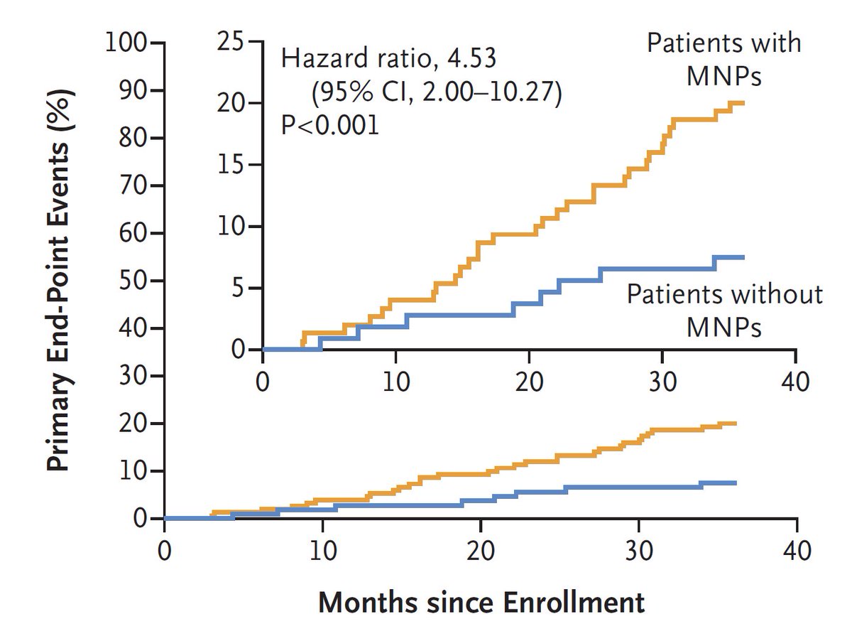 Patients with evidence of microplastics and nanoplastics in carotid artery plaque, as compared with patients without, had a greater risk of adverse cardiovascular events at 34 months of follow-up. Read the full article: nej.md/3IrM6T8