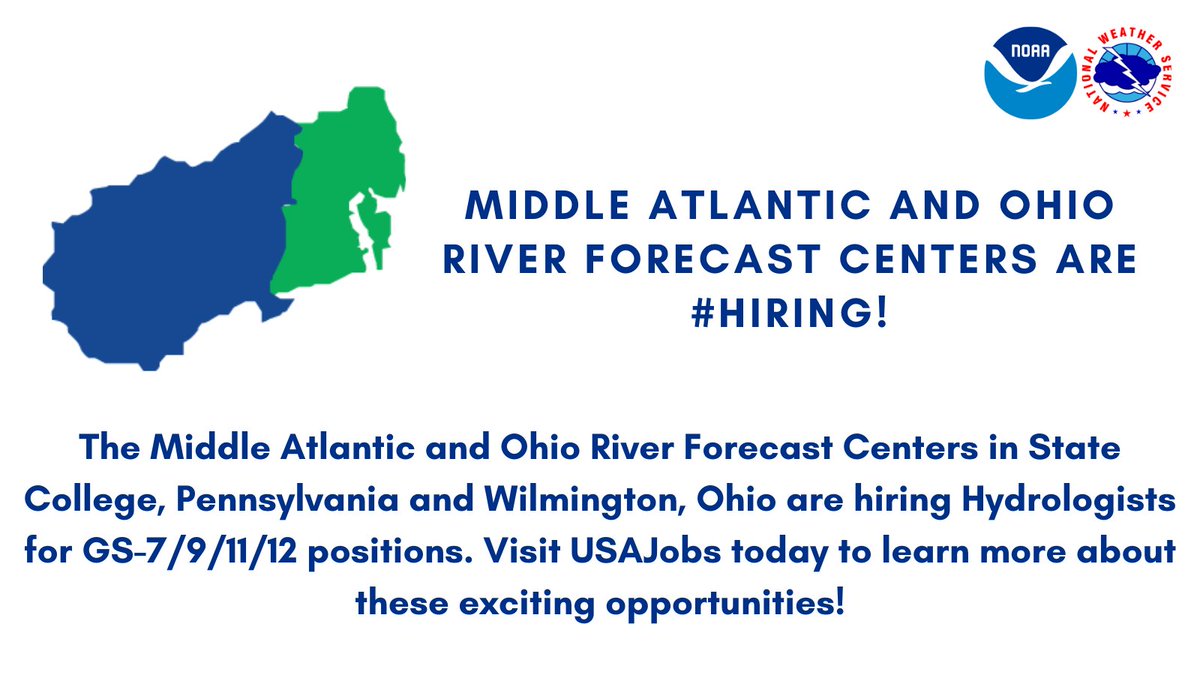 The @NWSMARFC and @NWSOHRFC are looking to hire hydrologists in the GS-7/9/11/12 positions. Are you interested? Do you know someone else that is interested? Pass the message along or apply at usajobs.gov/job/778800000 today! Applications close March 13, 2024.