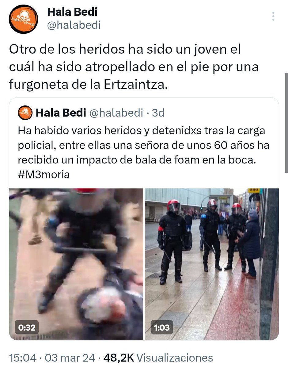 En menos de un mes la misma Ertzaintza que mató a Íñigo Cabacas ha: • Casi sacado un ojo a un txabal. • Mandado a la UCI a una mujer. • Partido la mandíbula por dos sitios a una mujer. • Atropellado con una furgoneta a un joven. • [...]