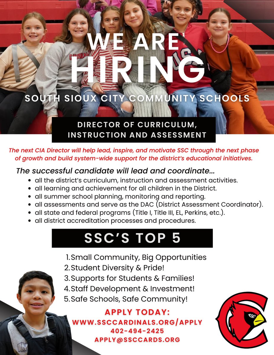 🚨SSC is looking for an outstanding Director of CIA who is ready to lead, inspire, & motivate while building system-wide support for the district’s educational activities! It’s an awesome position in a district filled w/ great kids, teachers, principals, staff, & school board!