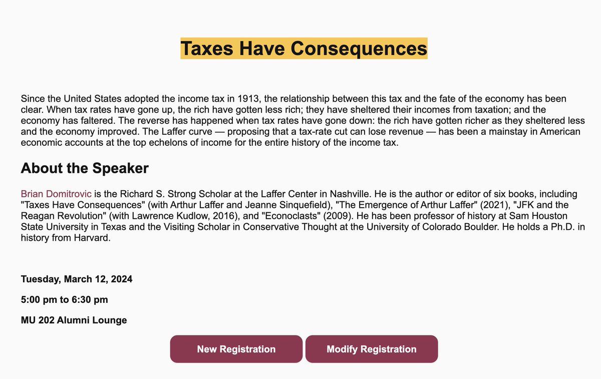 Don't forget to register for this upcoming FREE event hosted by <a href="/CSELatASU/">Center for the Study of Economic Liberty</a>!

<a href="/BrianDomitrovic/">Brian Domitrovic</a> will speak about the consequences of taxes, including the Laffer curve. 

Register: specialevents.asu.edu/ereg/index.php…