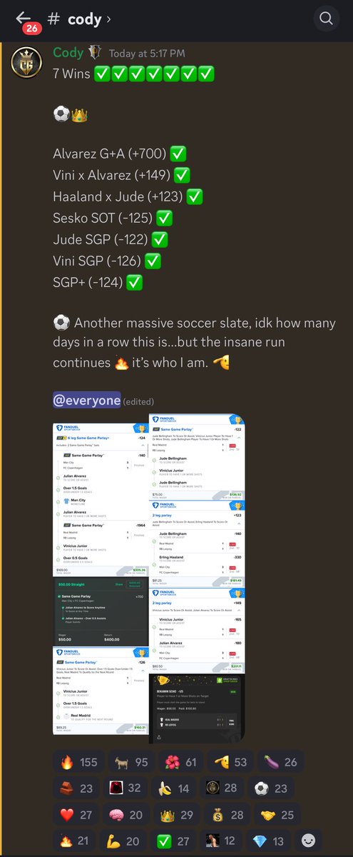 InCodyWeTrust1's tweet photo. Yet Another Massive Soccer day in the discord ✅✅✅✅✅✅✅

7+ Champions League cashes, and 3/3 in the Europa League Match 💰

If the discord you are in currently has multiple soccer cappers….respectfully you are in the wrong discord. 

Join us📱🔗 https://t.co/JRlGCJjNhx https://t.co/Gc5rrWh6BR