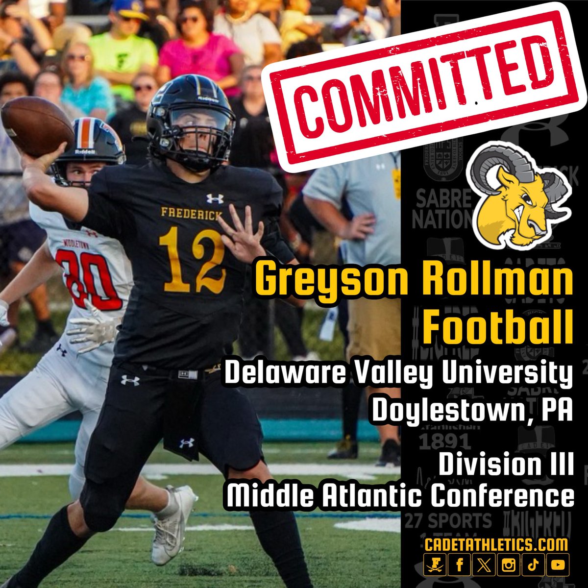 ⚡️Cadetathletics.com Breaking News⚡️
💍Commitment Alert💍

Cadet senior signal caller Greyson Rollman commits to Divison III Delaware Valley University of the Middle Atlantic Conference.

⚔️ | #BigFred | ⬛️🟨 | #ProtectTheParkway