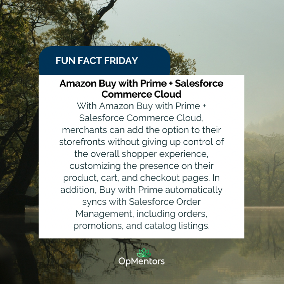 OpMentors's tweet image. Retailers, get ready to level up with Amazon's "Buy with Prime" + Salesforce Commerce Cloud! 🛒 Expand your offerings & harness Amazon's mighty fulfillment network right from your Commerce Cloud storefront. #Amazon #SalesforceCommerce 🌐✨