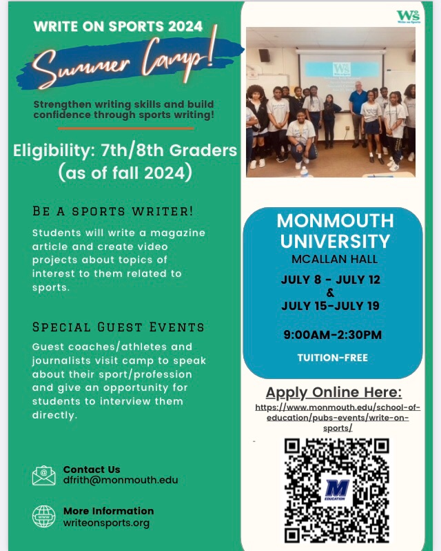 Registration for the 2024 Write on Sports camp is now open: monmouth.edu/school-of-educ… Please contact Professor Danielle M. Frith with questions: dfrith@monmouth.edu