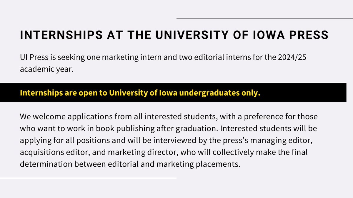 Attention University of Iowa undergrads: If you're interested in working in publishing we've got 3 internship positions opening up and would love to hear from you! All info can be found here: uipress.uiowa.edu/about-us/inter… @WritingUIOWA @UIowaCLAS @UICareerCenter