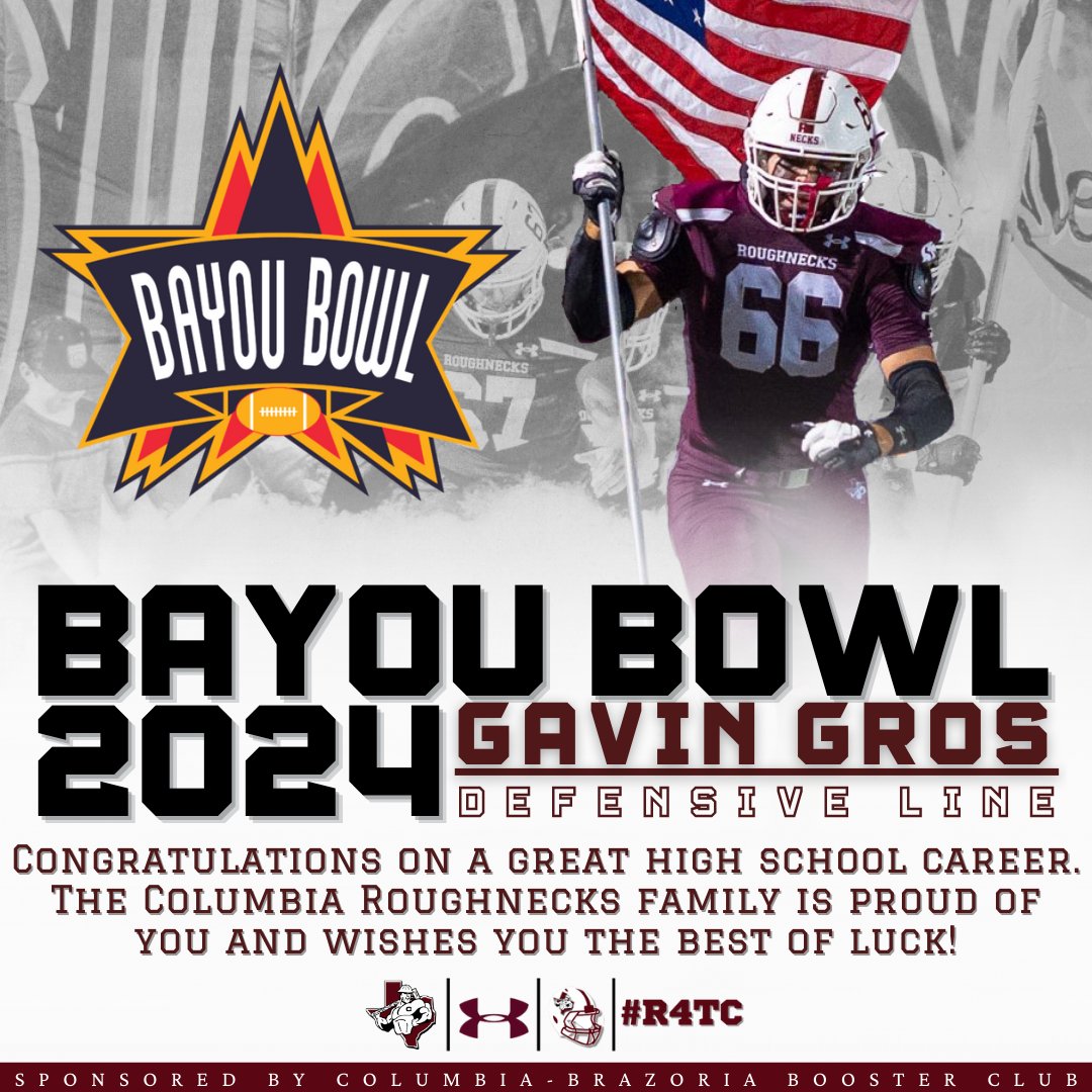 Congratulations to @GrosGavin for being selected to play in the annual Bayou Bowl game! #RideForTheC #PURP @BayouBowlGHFCA @CHSAthl @CBISDTx