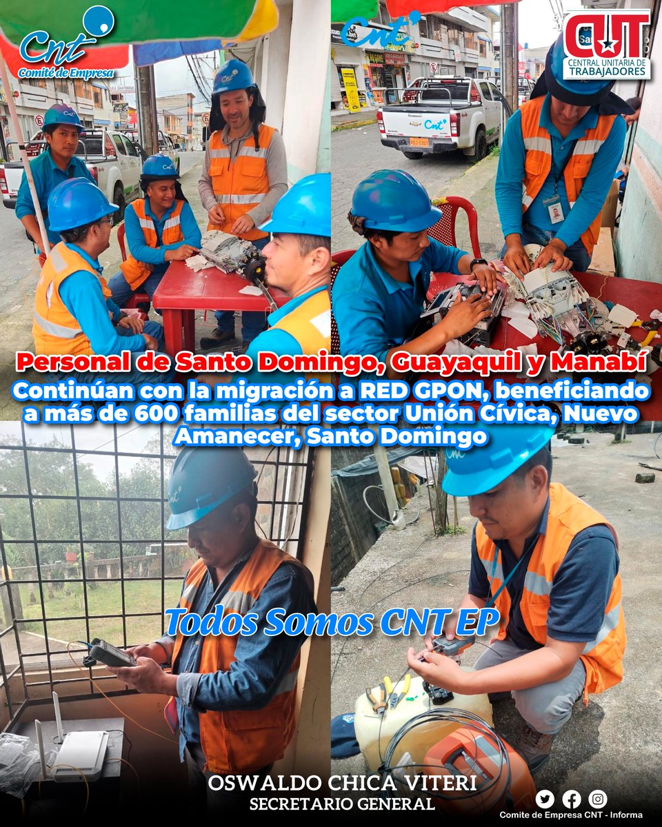 CntComite's tweet photo. Compañeros continúan con las migración a la Red Gpon, beneficiando a 600 familias de los sectores Unión Cívica, Nuevo Amanecer de la provincia de Santo Domingo👷‍♂️👷‍♀️📡
#todossomoscntep #cntepunido https://t.co/lA0dEZ5v11