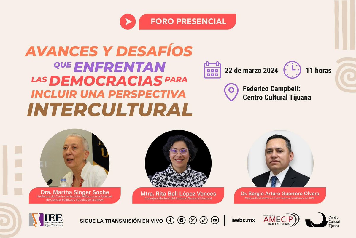 #IEEBC2024 Te invitamos a seguir el Foro Presencial "Avances y desafíos que enfrentan las democracias para incluir una perspectiva intercultural". 
!No te lo pierdas! 👇✏🙌