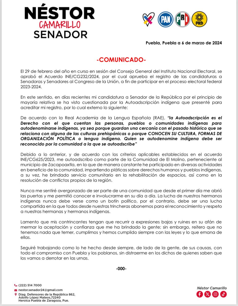 NestorCamarillo's tweet photo. Les comparto el siguiente #comunicado sobre lo que se ha mencionado en estos días respecto a mi registro como Senador. https://t.co/TuayWvbNWQ