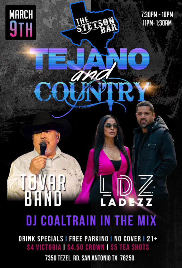 There’s a big party this weekend in San Antonio! This Saturday March 9th. 2 bands one night. Free cover !!! Que mas quieres! 😂🤣 Meet us at Stetson Bar on Tezel . Reserve your seating now! It’s on.
