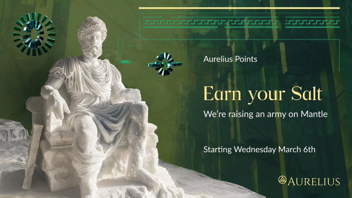 AureliusFi's tweet image. 1/8 We are proud to unveil the Aurelius Points Program, aptly named Aurelius’ Conquest. Aurelius was designed to bring the light of civilization to @0xMantle. Toward this end, we are raising an army in preparation for the launch of our token, $AU. Begin earning Salt (points)…