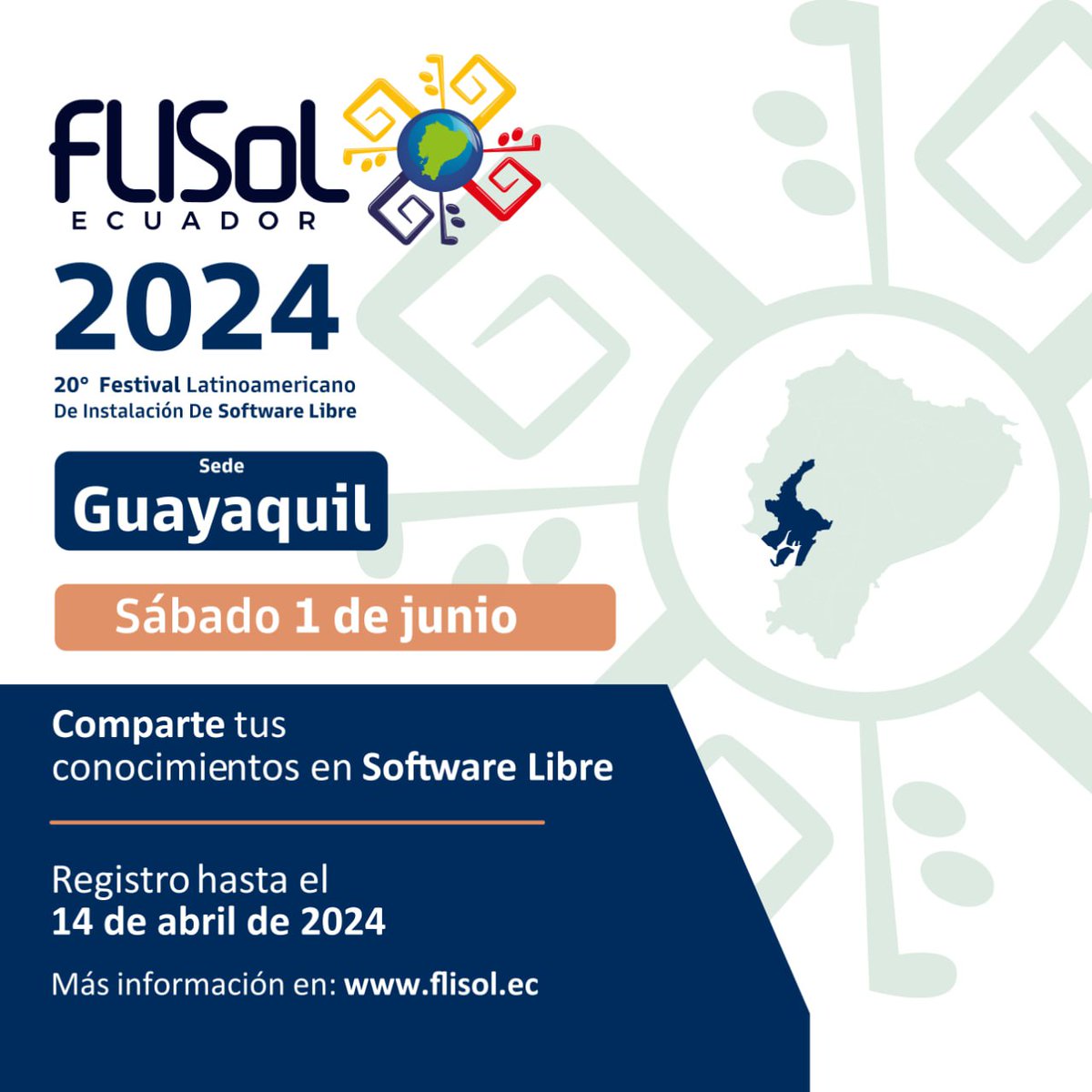 ¡Guayaquil se une al FLISoL 2024! 🌐 

No te pierdas la oportunidad de participar en la 20ª edición del Festival Latinoamericano de Instalación de Software Libre el sábado 1 de junio. 

Más información en: flisol.ec

#Flisol2024Ecuador