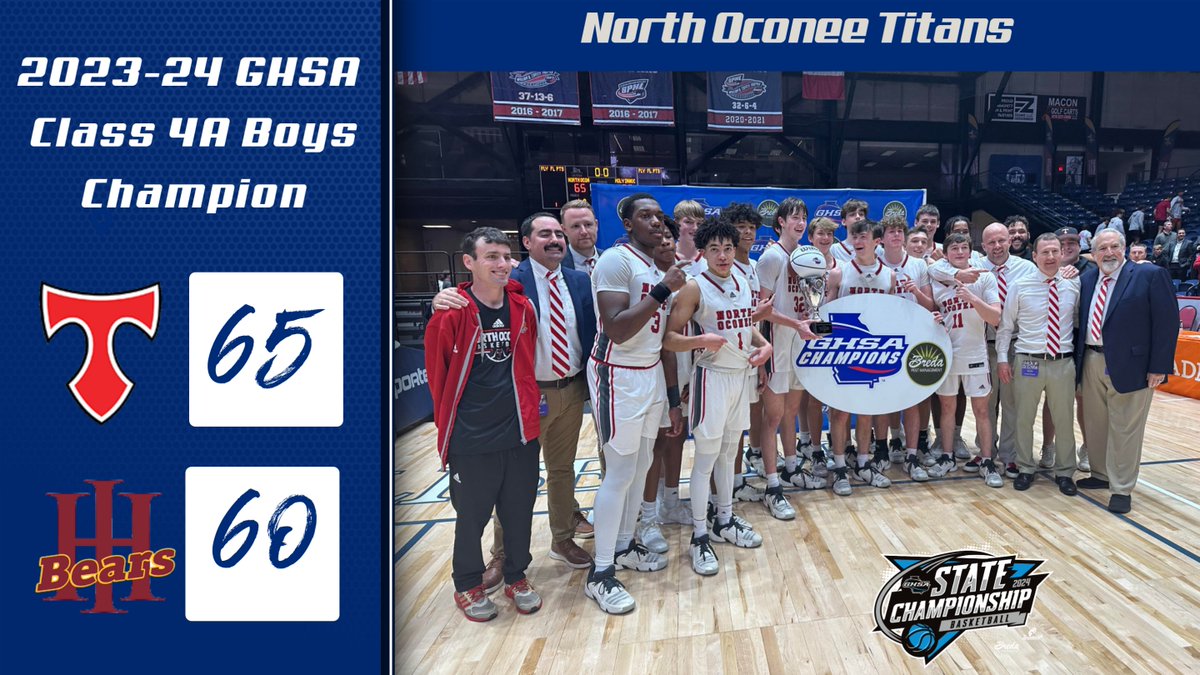 State Basketball Championship | 🏀🏆 Congratulations to the Titans of @Northoconeeath 2023-34 Class 4A Boys Champion #NorthOconee 65 - #HolyInnocents 60 Watch Replay on Demand @NFHSNetwork Full Stats @ ghsa.statbroadcast.com @ATLHawks @BredaPest @MaconCentreplex