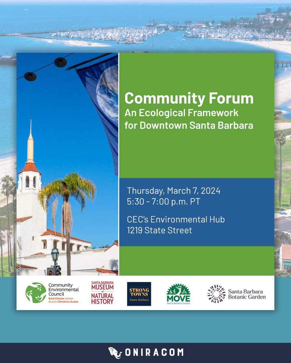Our longtime partner <a href="/CECSB/">CEC SB</a> and other community orgs are coming together to build a vibrant #climateresilient downtown Santa Barbara. Join the Community Forum TOMORROW, March 7, 5:30pm at CEC's Environmental Hub to contribute to the conversation. Details: cec.pub/ecoframework