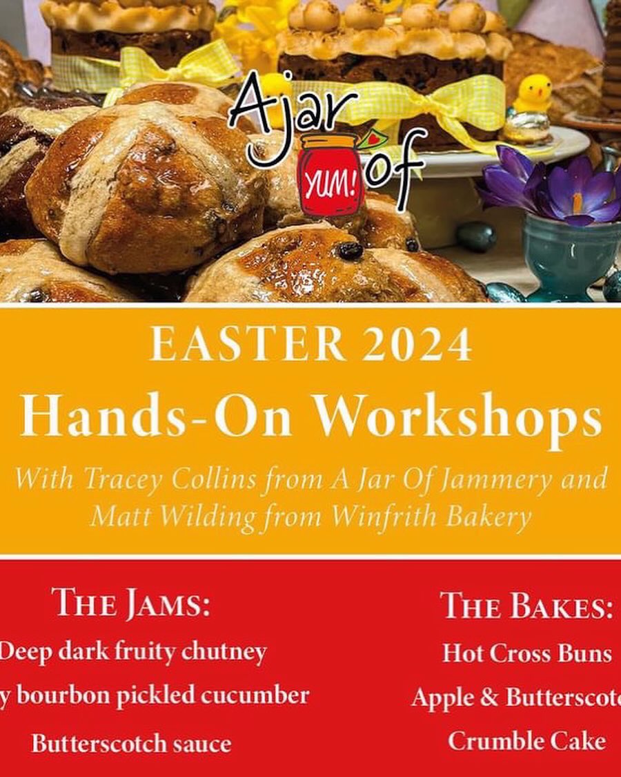 AjarOf1's tweet photo. Another tasty workshop with a few places left! The Easter Workshop is all about hot cross buns, chutney, pickled cucumbers in Bourbon, Butterscotch sauce &amp; apple crumble cake! Join us in The Jammery 23rd March.. book online 
https://t.co/gZeBNlMLsb
#easter #hotcrossbuns #workshop https://t.co/K65RyqRCnj