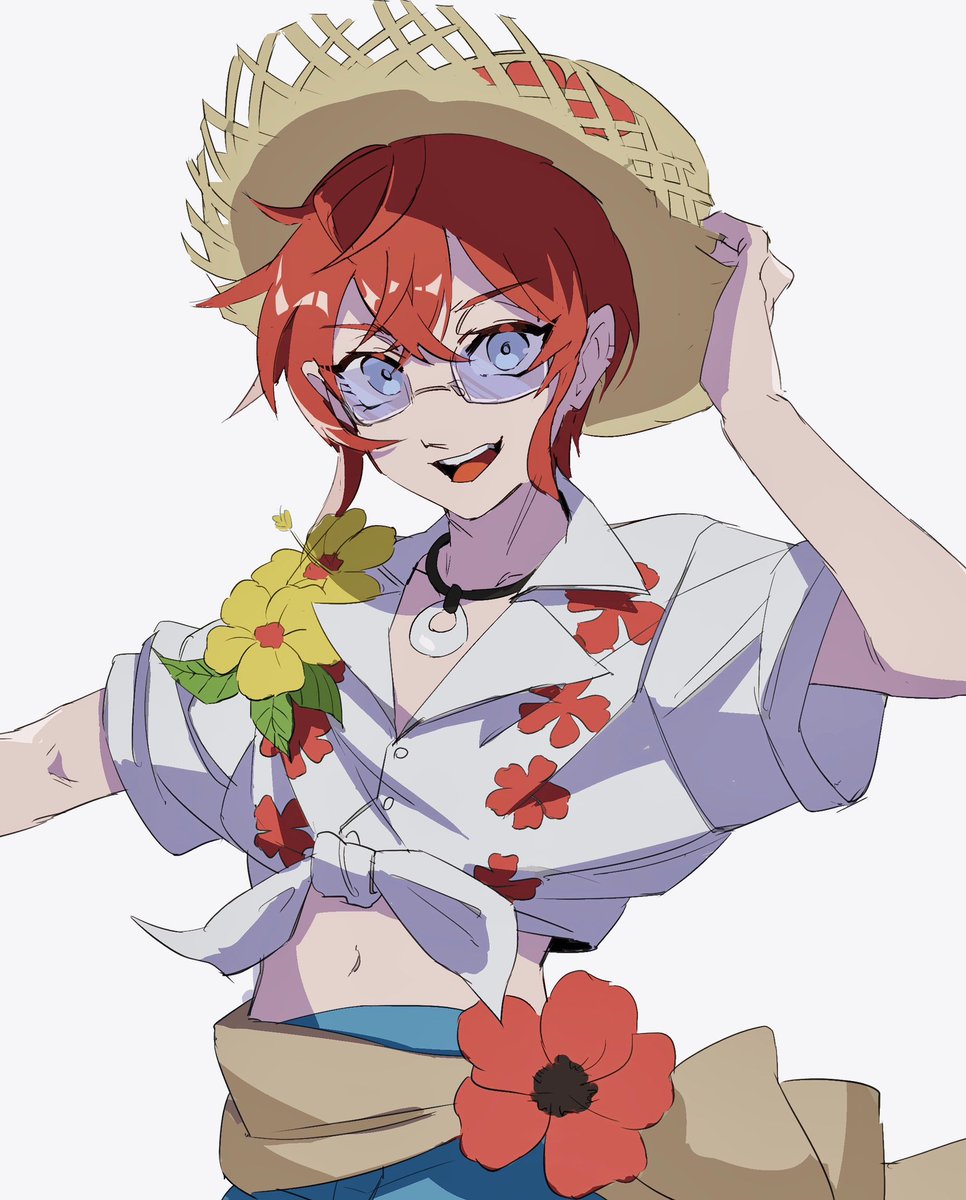 1boy male focus hat red hair solo flower straw hat  illustration images