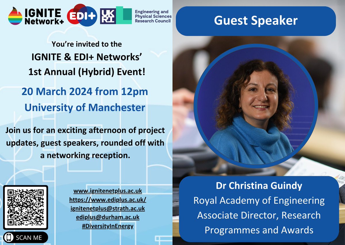 🗓️ Join us for the @IGNITENetPlus / EDI+ Annual Event on 20 March 2024 from 12pm, University of Manchester! Guest speakers include @LizzieGibney, Dr Christina Guindy @RAEngNews and @Jonathan_Saha. Book at: tinyurl.com/IGNITEAnnEvent… #EnergyResearch #equity #Diversity #Inclusion