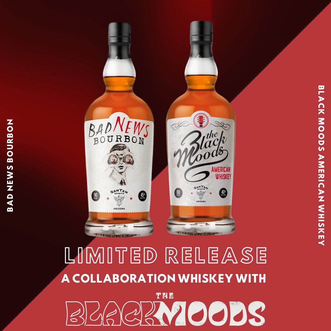 Grab a limited edition bottle of Black Moods American Whiskey and/or Bad News Bourbon, our special collaboration with @SanTanBrewing! Catch us 3/8 at SanTan Gardens (limited tickets available): bit.ly/3TduIaC