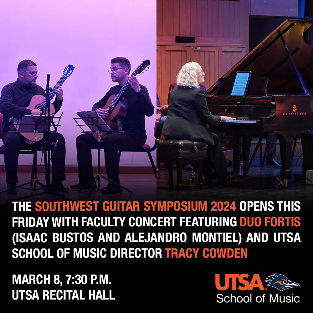 UTSAmusic's tweet photo. We are so excited for this year’s Southwest Guitar Symposium! It kicks off this Friday with a faculty guitar and piano concert! #PackTheHall for our UTSA faculty! https://t.co/arC25uWfp2