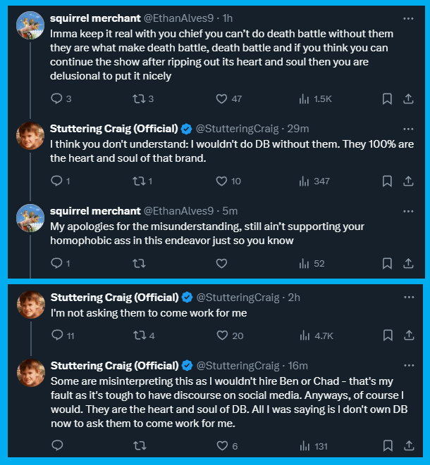 SputteringCraig's tweet photo. Ah fuck I said the quiet part about not keeping the Death Battle crew 😬Damage control!!!

CHAD &amp; BEN ARE THE HEART OF DB!! 
Yea I talk shit about them all the time and made a PUBLIC OFFER to buy their brand without involving them. But we'd figure things out once I own them again https://t.co/CE4b1PnkKw