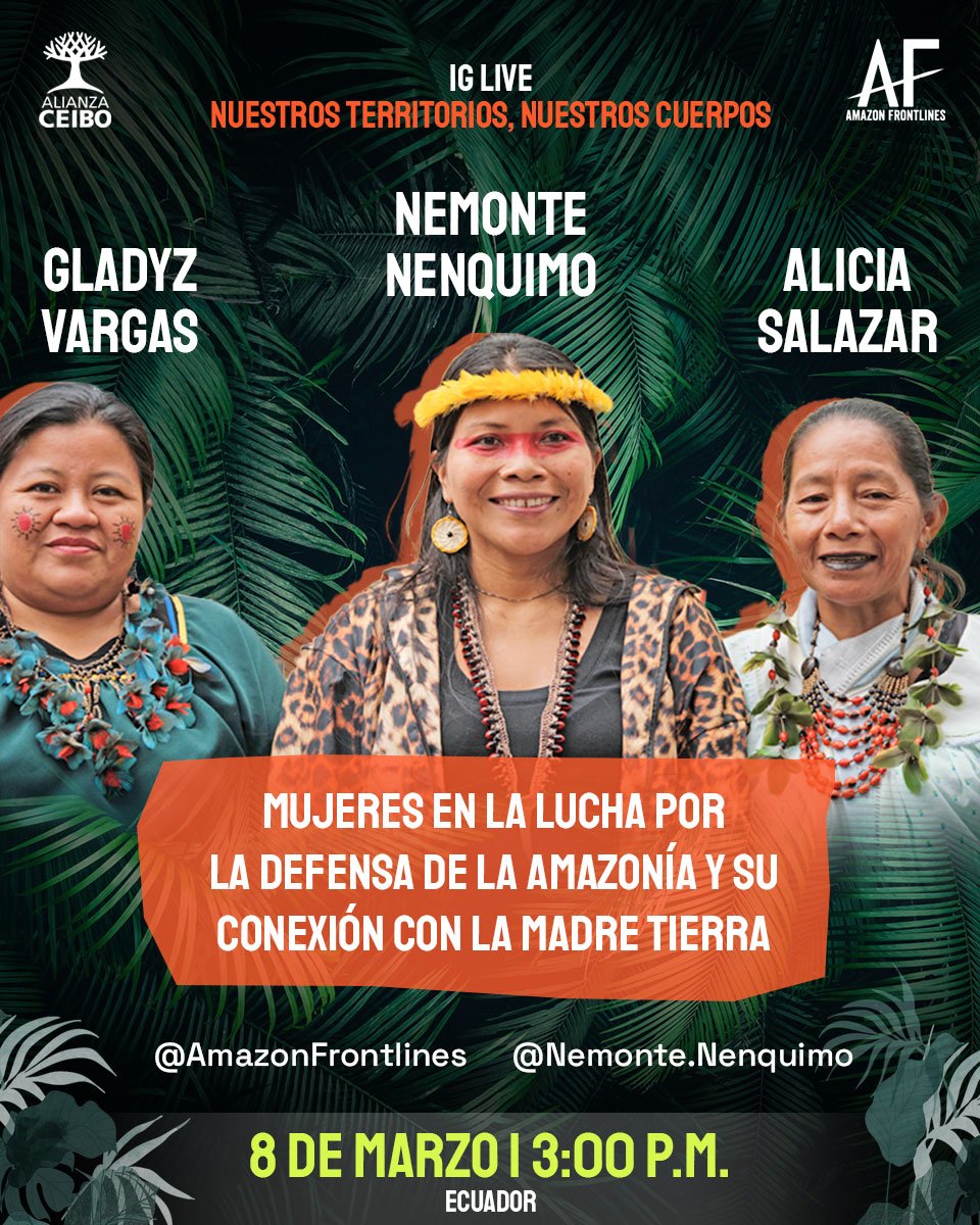 ¡Las lideresas indígenas de la #Amazonía, #NemonteNenquimo, Alicia Salazar y Gladyz Vargas estarán JUNTAS en un Instagram Live por el #DíaInternacionalDeLaMujer! 📅 8 de marzo 🇪🇨 3:00 PM 🇲🇽 2:00 PM 🇦🇷🇨🇱 5:00 PM Únete a este evento vía 👇 instagram.com/alianzaceibo/