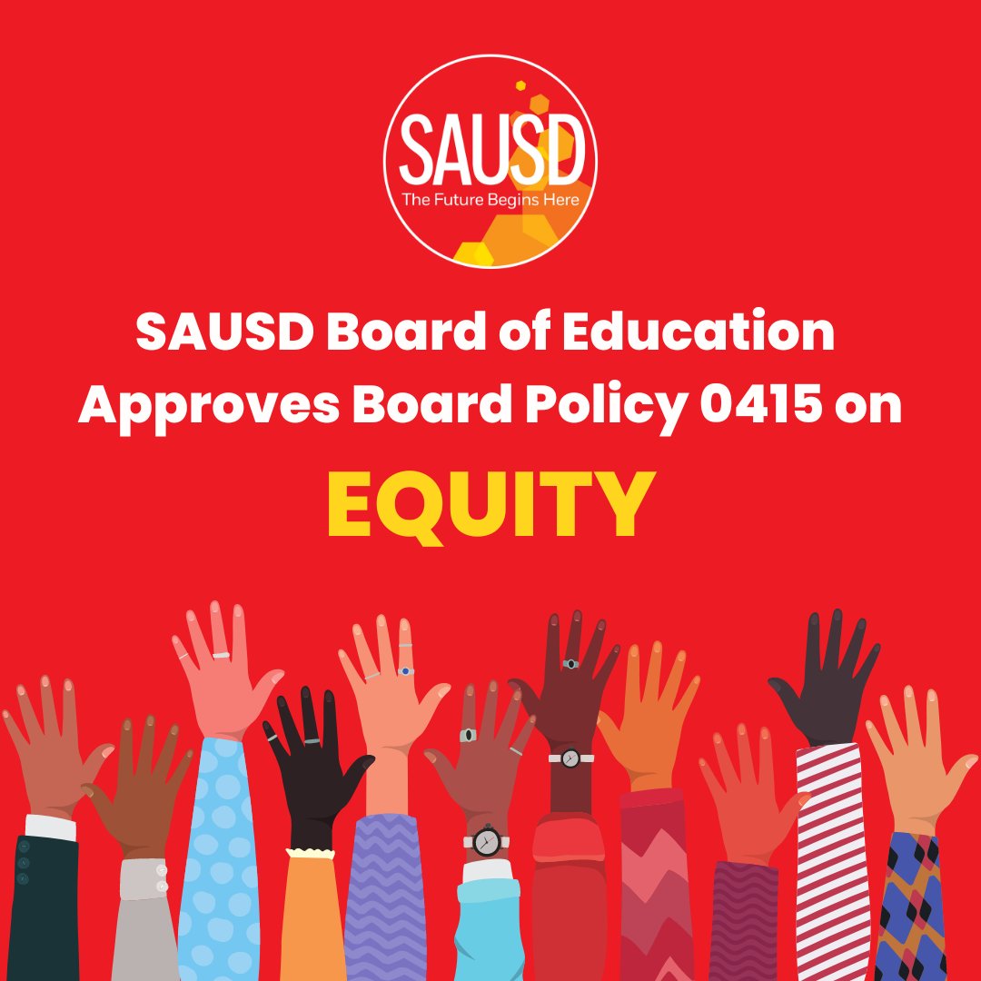 #SAUSD's BOE recently approved BP 0415 on Equity, affirming our District’s commitment to equity as a foundational principle. This policy emphasizes our dedication to creating inclusive, supportive, & equitable edu. experiences for all our students, regardless of their background.