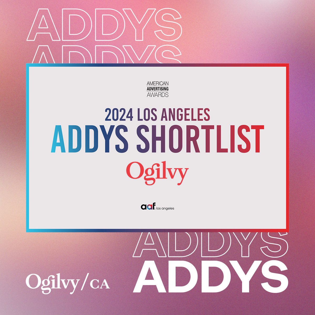 OgilvyCA's tweet photo. We’re thrilled to be shortlisted at tomorrow’s @aaflosangeles 2024 Los Angeles ADDYS!🏆 

Excited to celebrate the hard work of our California and US teams and our wonderful clients. https://t.co/l4Fm5FfrJO